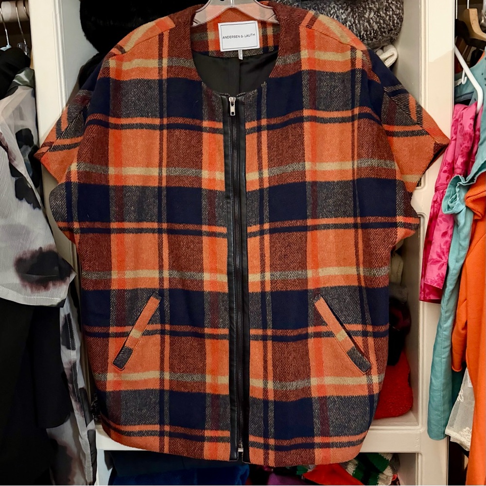 Stylish Plaid zip up cape style Jacket in Orange and Navy